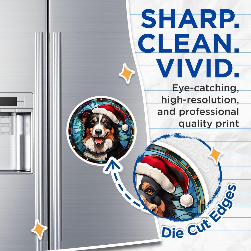(2 Pack) Christmas Dog Magnets - Stained Glass Aussie Shepherd Santa Hat Decor - Holiday Pet Lover Fridge Accessories - 5 Inches On Longest Side - Thick Durable Magnet - Made in USA - MAG29586