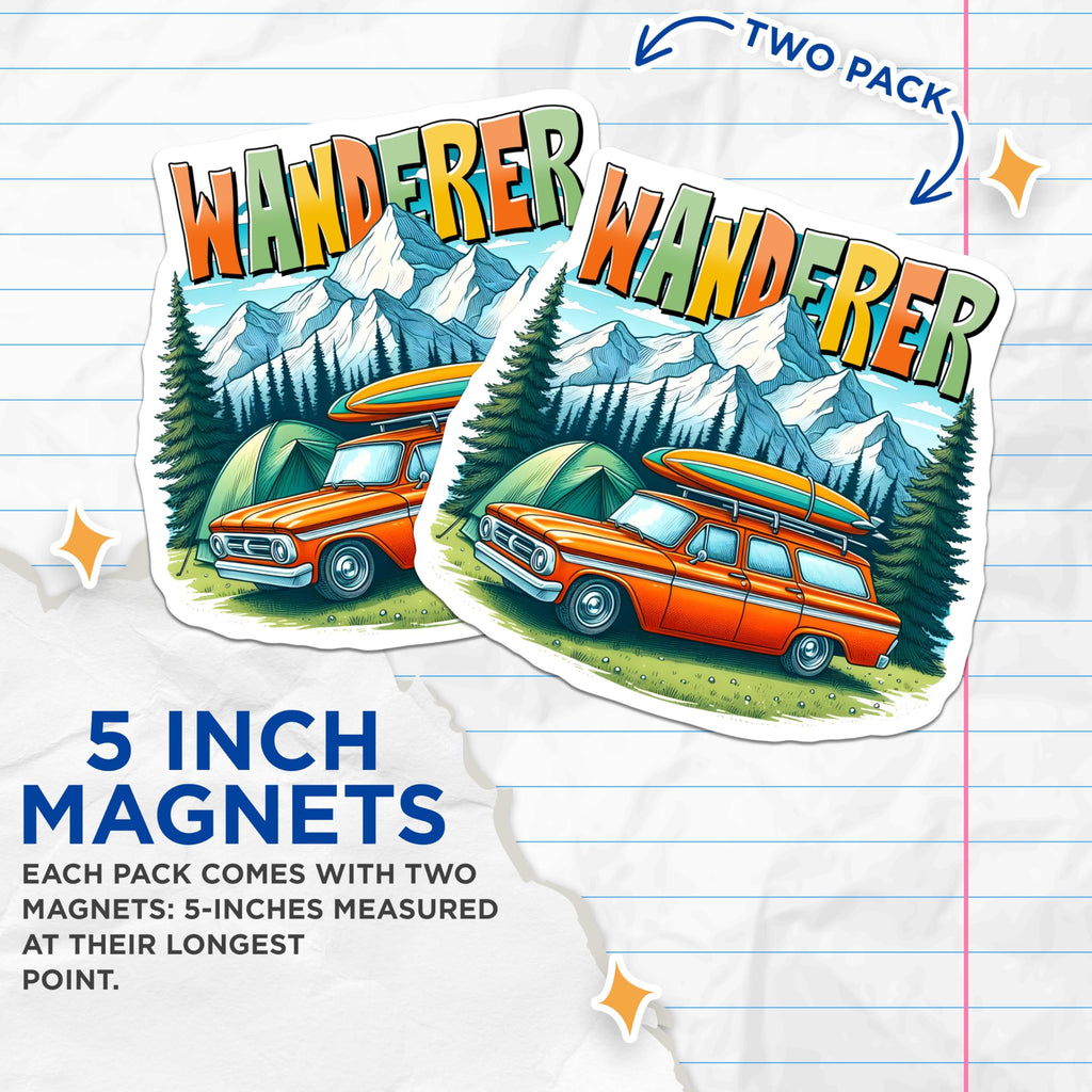 (2 Pack) Wanderer Adventure Magnets - Camping Scene Car Magnets - Mountain Travel Magnets - 5" On Longest Side - for Cars, Refrigerators, Toolboxes, Lockers - Made in USA BMCS3271