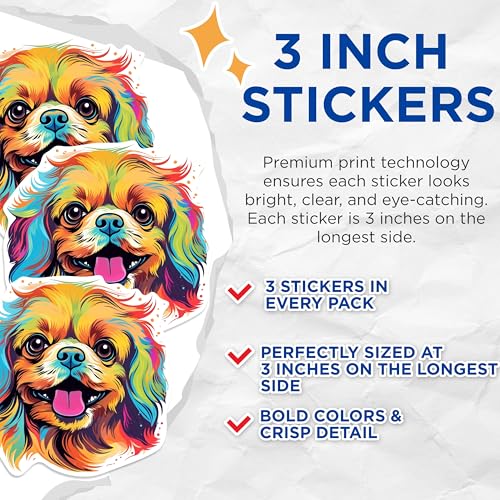 (3 Pack) Colorful Pekingese Decals - Puppy Dog Art - Laptop Decal Stickers - 3 Inches On Longest Side - Easy Peel & Apply - Made in USA - 3MCS0789