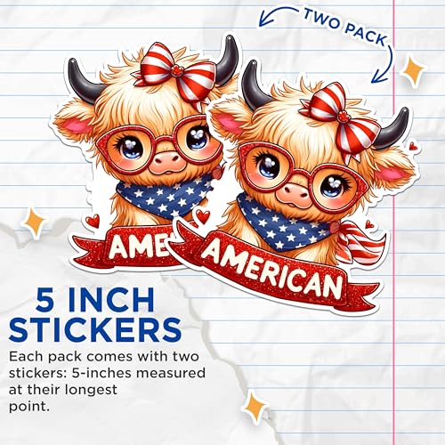 (2 Pack) Cute Animal Stickers - Patriotic Cow Stickers - American Flag Stickers - 5" On Longest Side - Sticks to Any Smooth Flat Surface - Made in USA - BMCS2705
