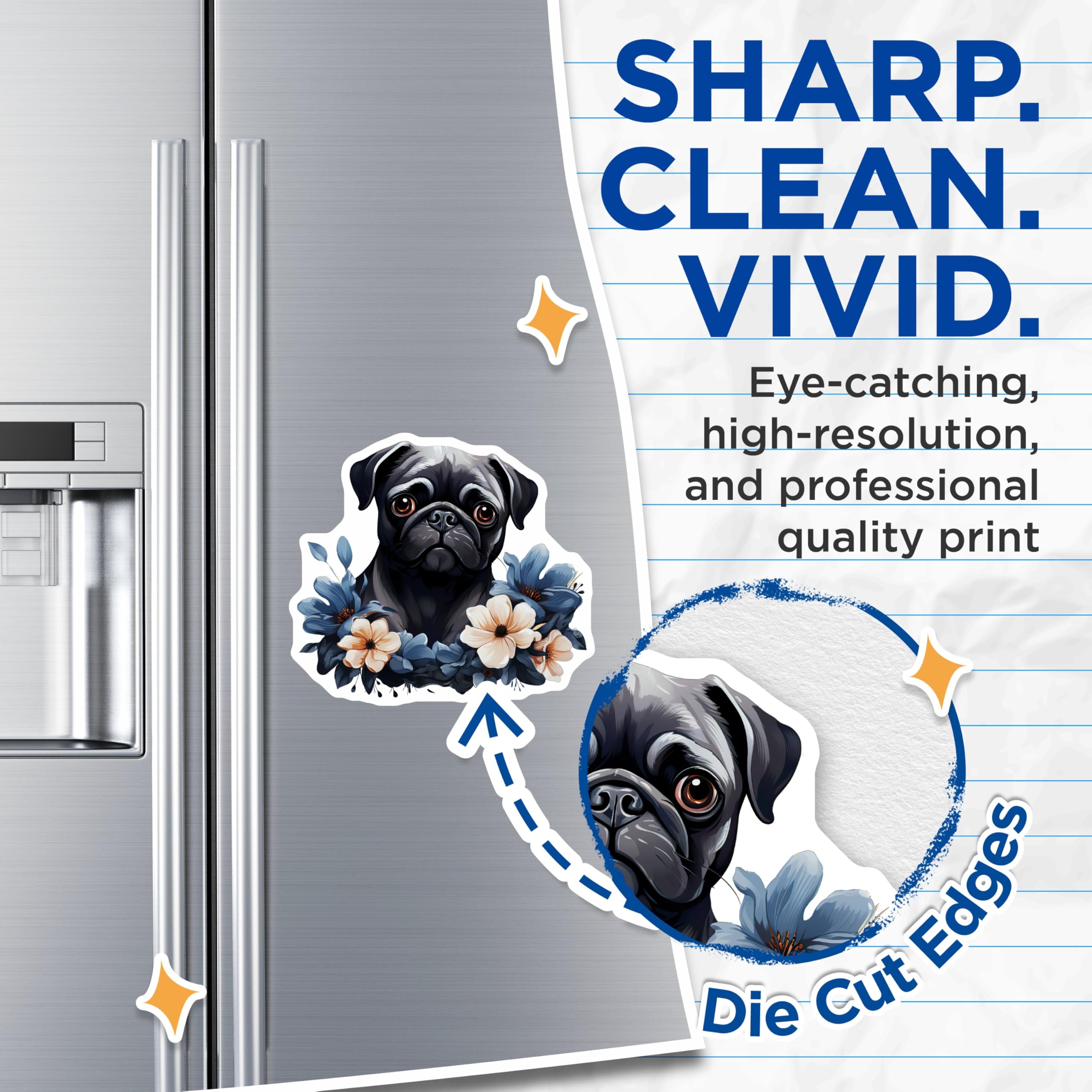 (2 Pack) Black Pug Floral Magnets - Dog Mom Decor Accessory - Cute Pet Lover Animal Art Fridge Magnets - 5 Inches On Longest Side - Thick Durable Magnet - Made in USA - MAG27881