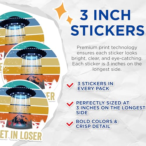 (3 Pack) UFO Decals - Get in Loser - Alien Spaceship Stickers - 3 Inches On Longest Side - Easy Peel & Apply - Made in USA - 3MCS1217