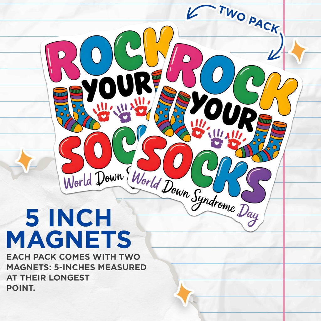 (2 Pack) Down Syndrome Awareness Magnets - Rock Your Socks Day - Inclusion Support Family Advocate - 5 Inches On Longest Side - Thick Durable Magnet - Made in USA - MAG29952