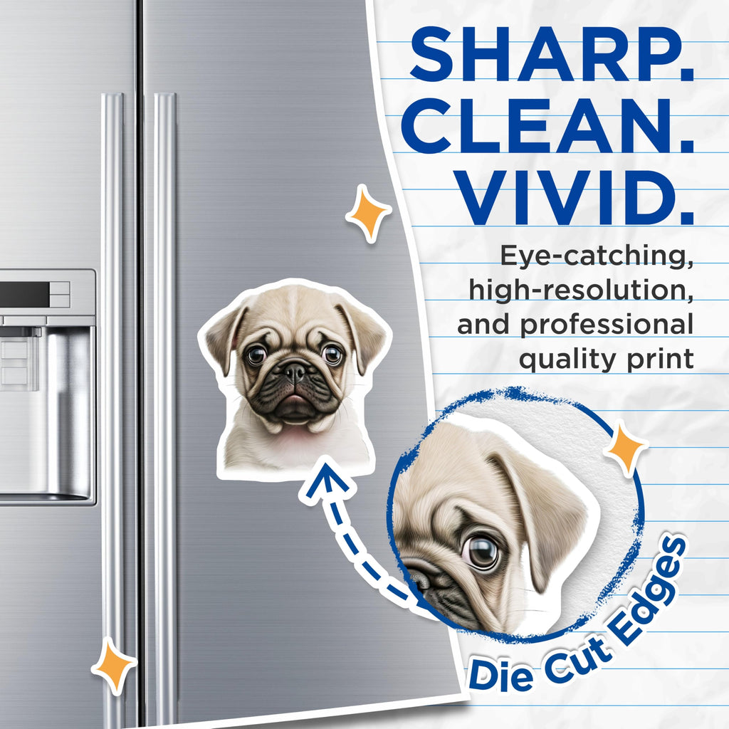 (2 Pack) Cute Pug Puppy Magnets - Dog Lover Decor - Pet Parent Refrigerator Art - 5 Inches On Longest Side - Thick Durable Magnet - Made in USA - MAG27439
