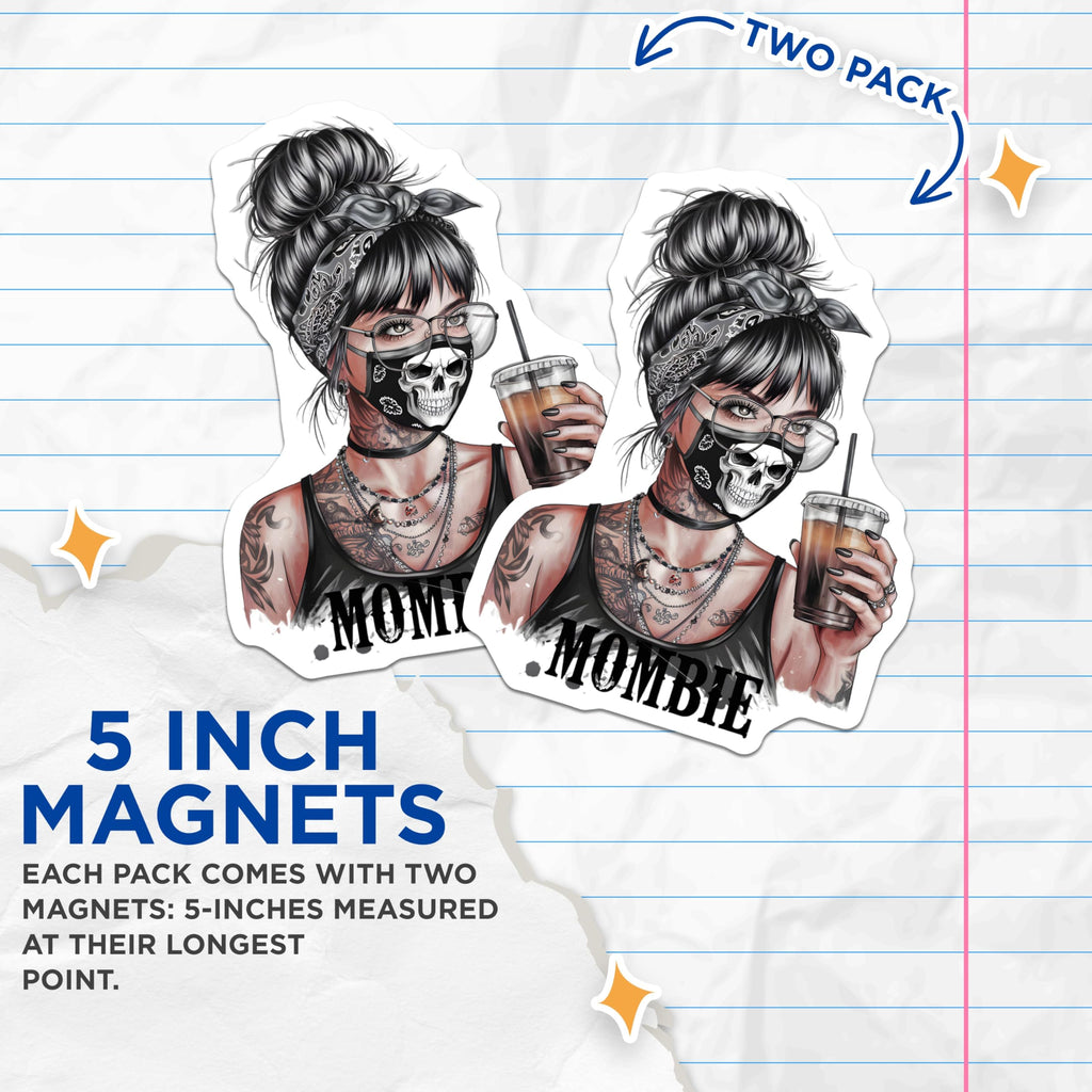 (2 Pack) Mombie Magnets - Messy Bun Mom Tattooed Skull Mask - Iced Coffee Mother's Day Decor - 5 Inches On Longest Side - Thick Durable Magnet - Made in USA - MAG23202