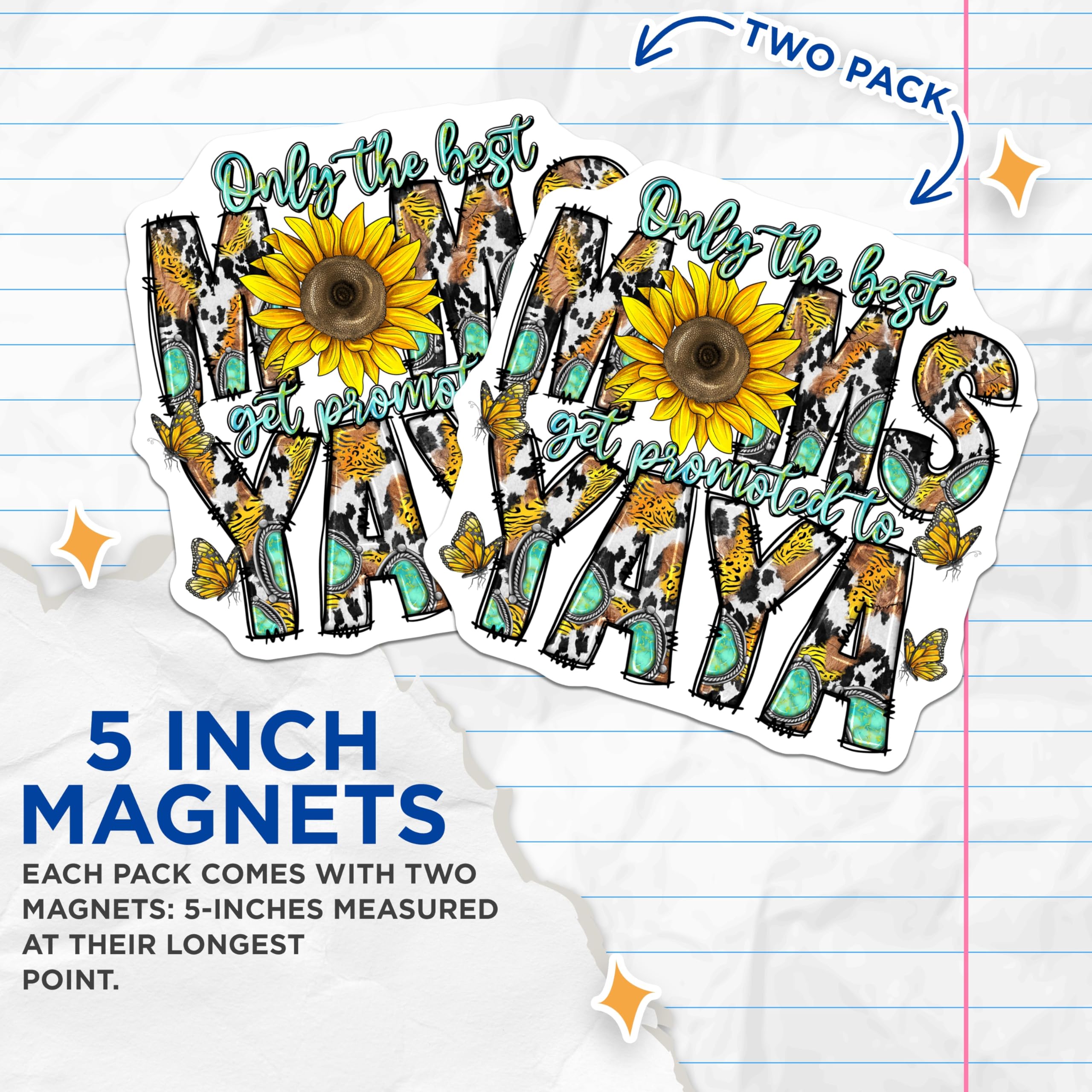(2 Pack) Promoted to Yaya Magnets - Western Grandma Announcement - Sunflower Turquoise Mamas Decor - 5 Inches On Longest Side - Thick Durable Magnet - Made in USA - MAG28406