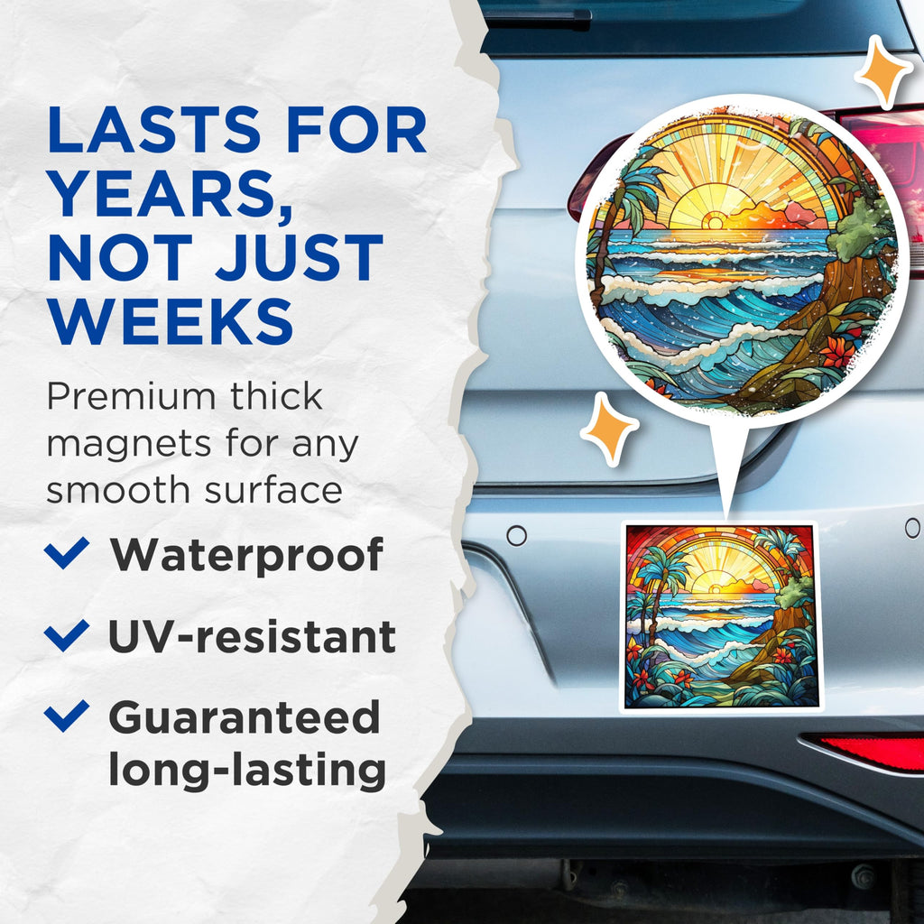 (2 Pack) Stained Glass Ocean Magnets - Tropical Beach Scene Art - Vibrant Sunset Palm Trees - Hawaiian Coastal Decor - 5 Inches On Longest Side - Thick Durable Magnet - Made in USA - MAG23382