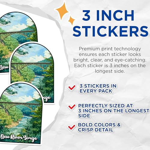 (3 Pack) New River Gorge Decals - Bridge Sticker - Laptop Decal - 3 Inches On Longest Side - Easy Peel & Apply - Made in USA - 3MCS0447