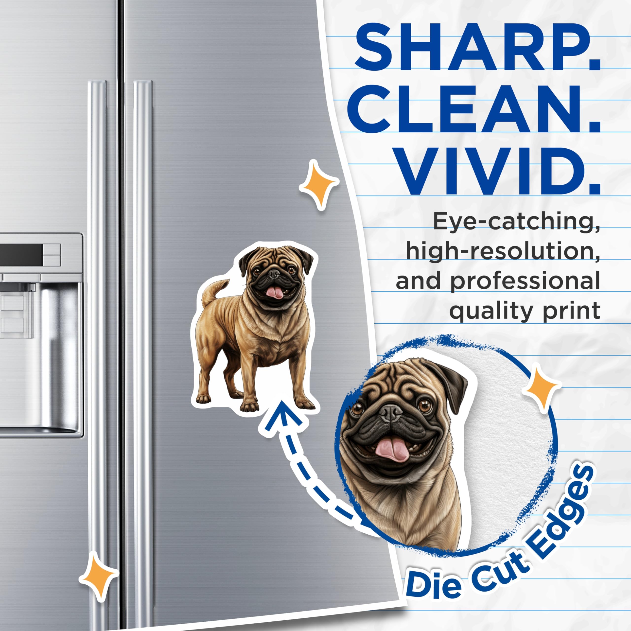 (2 Pack) Fawn Pug Dog Magnets - Happy Pug Lover Decor - Cute Animal Illustration Refrigerator Magnet - 5 Inches On Longest Side - Thick Durable Magnet - Made in USA - MAG27840