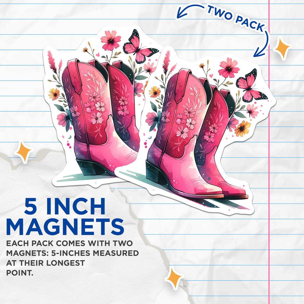 (2 Pack) Pink Cowboy Boots Magnets - Floral Western Boot - Cowgirl Aesthetic Fridge Decor - Butterfly Design - 5 Inches On Longest Side - Thick Durable Magnet - Made in USA - MAG39645