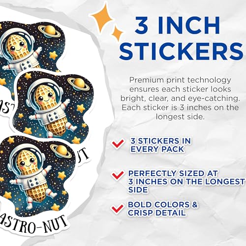 (3 Pack) Astro Nut Decals - Peanut Astronaut - Space Theme Decor - 3 Inches On Longest Side - Easy Peel & Apply - Made in USA - 3MCS6352