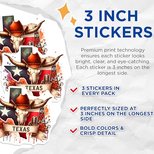 (3 Pack) Texas Pride Decals - Cowboy Skull - Oil Rig Decal- 3 Inches On Longest Side - Easy Peel & Apply - Made in USA - 3MCS5218