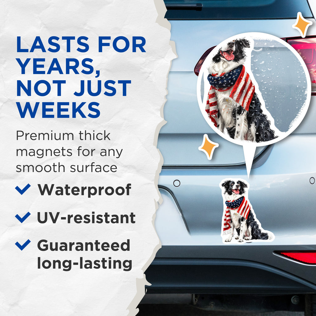 (2 Pack) Border Collie American Flag Magnets - Patriotic Dog Lover Decor - USA Pride Pet Art - Memorial Day - 5 Inches On Longest Side - Thick Durable Magnet - Made in USA - MAG37125