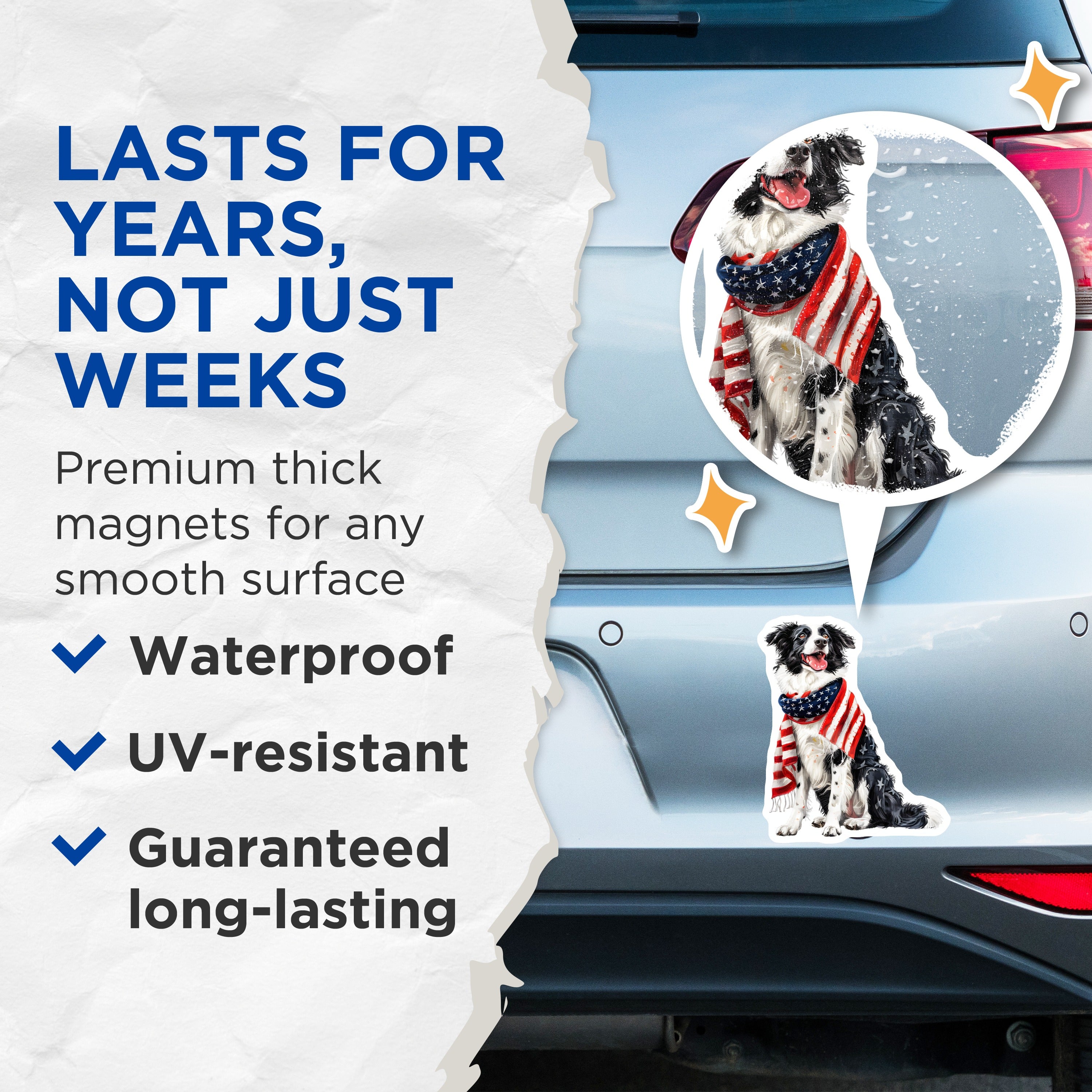(2 Pack) Border Collie American Flag Magnets - Patriotic Dog Lover Decor - USA Pride Pet Art - Memorial Day - 5 Inches On Longest Side - Thick Durable Magnet - Made in USA - MAG37125