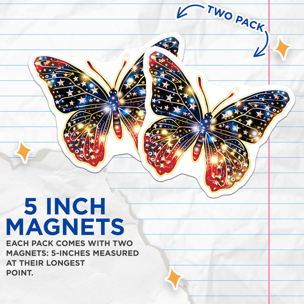 (2 Pack) Starry Butterfly Magnets - Celestial Galaxy Decor - Patriotic Red White Blue Fridge Display - 5 Inches On Longest Side - Thick Durable Magnet - Made in USA - MAG37148