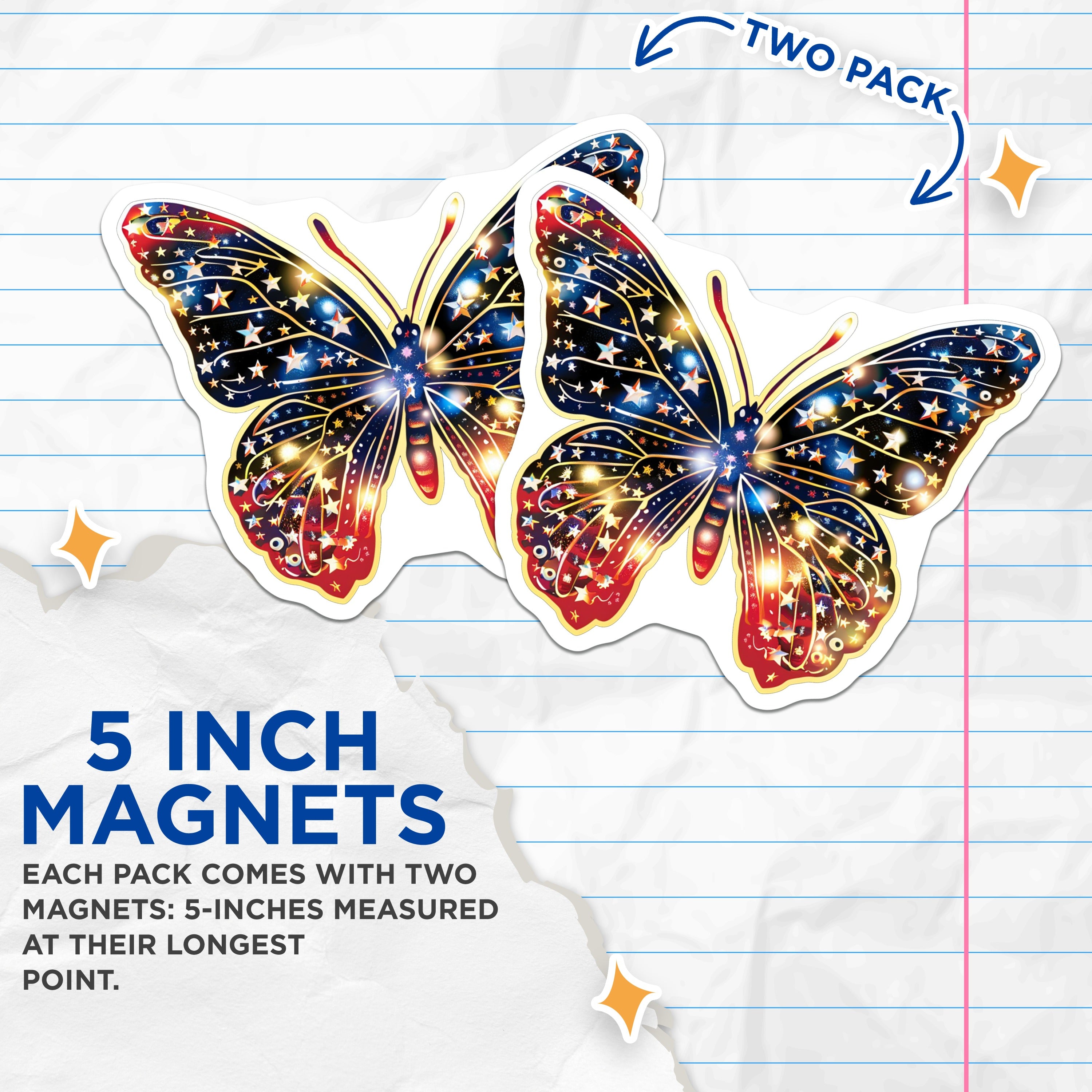 (2 Pack) Starry Butterfly Magnets - Celestial Galaxy Decor - Patriotic Red White Blue Fridge Display - 5 Inches On Longest Side - Thick Durable Magnet - Made in USA - MAG37148