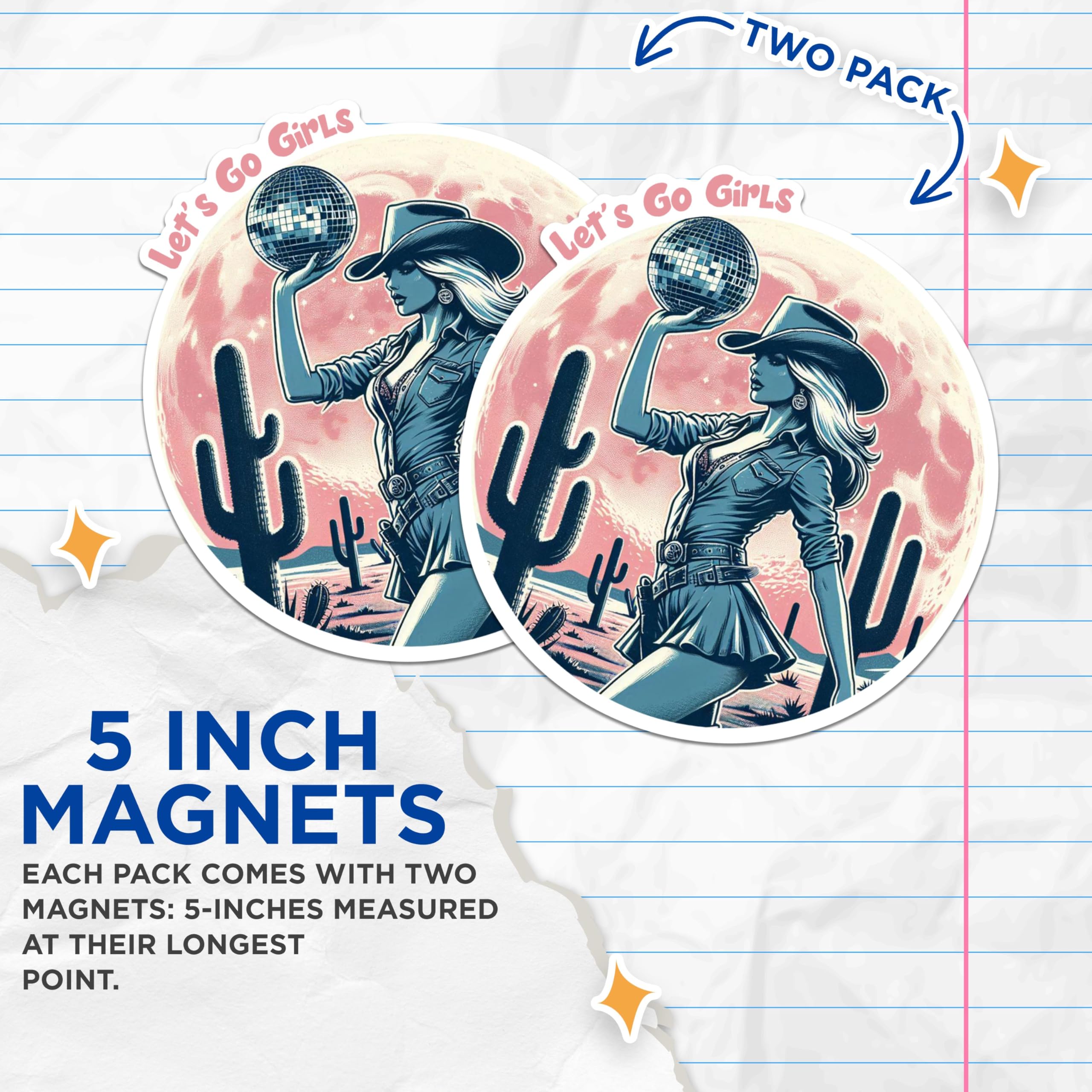 (2 Pack) Let's Go Girls Magnets - Disco Cowgirl Magnets - Western Themed Magnets for Party Decor- 5" On Longest Side - for Fridges, Toolboxes, Cars - Made in USA - MAG2580