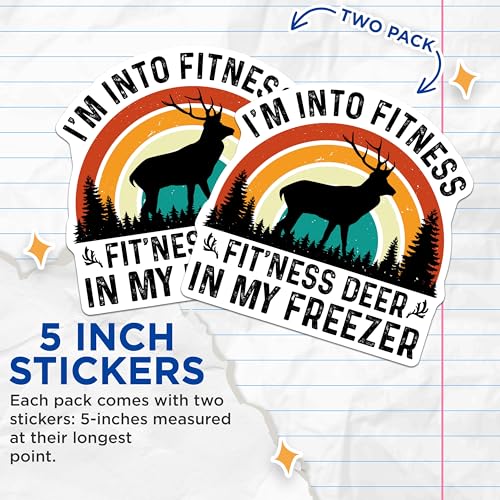 (2 Pack) Fitness Deer Sticker - Funny Deer Hunting Sticker - Outdoor Adventure Decal Sticker - 5" On Longest Side - Sticks to Smooth Flat Surfaces - Made in USA - BMCS5104