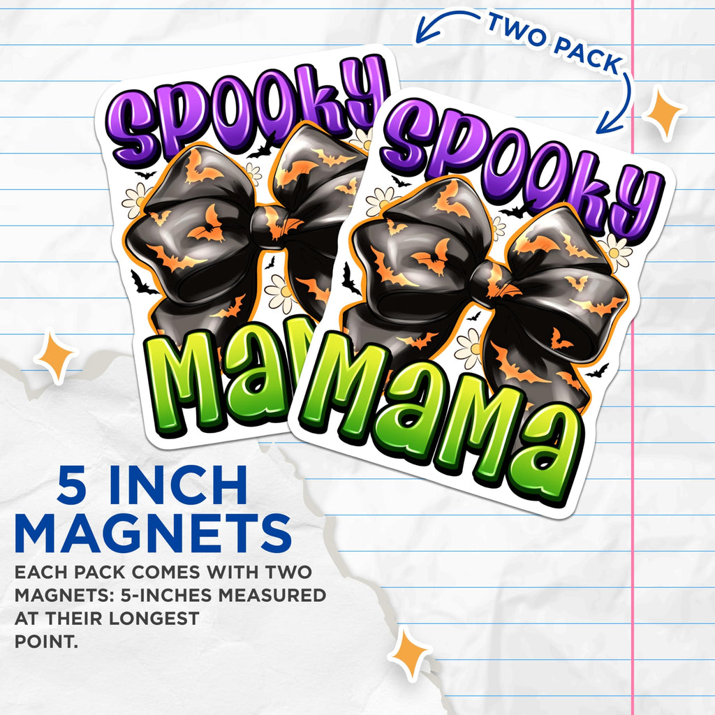 (2 Pack) Spooky Mama Magnets - Halloween Mom Decor - Bat Bow Refrigerator Accessory - 5 Inches On Longest Side - Thick Durable Magnet - Made in USA - MAG29550