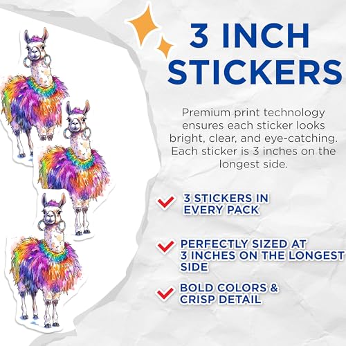 (3 Pack) Colorful Llama Decals - Funny Animal Stickers - Watercolor Alpaca Laptop Decal - 3 Inches On Longest Side - Easy Peel & Apply - Made in USA - 3MCS8257