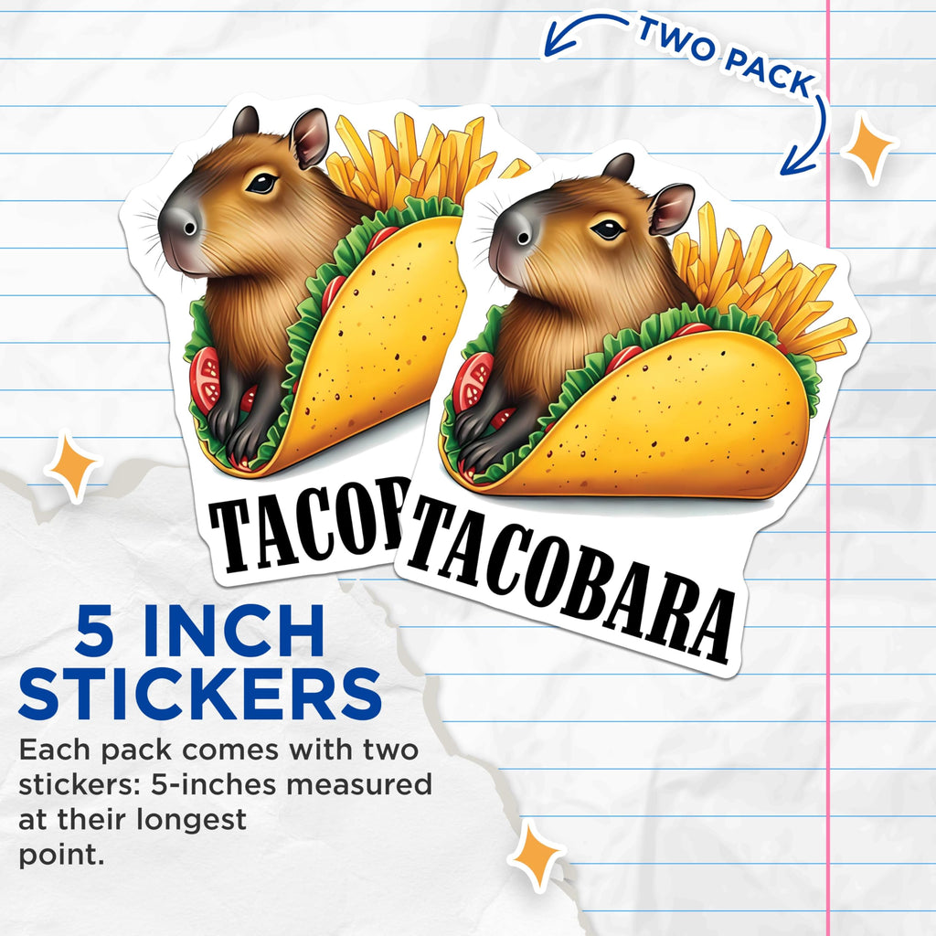 (2 Pack) Tacobara Stickers - Funny Animal Taco Stickers - Cute Capybara Stickers for Laptop - 5" On Longest Side - Sticks to Smooth Flat Surfaces - Made in USA - BMCS3748