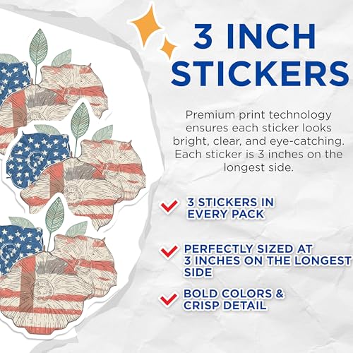 (3 Pack) American Flag Flowers Decals - Patriotic Floral - USA Laptop Decals - 3 Inches On Longest Side - Easy Peel & Apply - Made in USA - 3MCS7739