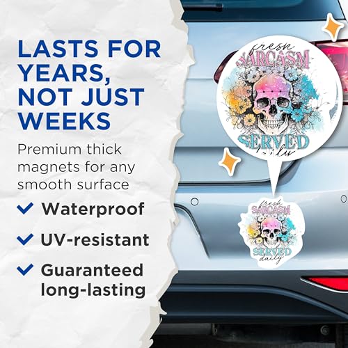 (2 Packs) Fresh Sarcasm Served Daily Magnets - Skull with Flowers Sassy Inspired Magnets - 5 Inches On Longest Side - Premium Magnet - for Fridges, Toolboxes, Cars - Made in USA - MAG2325