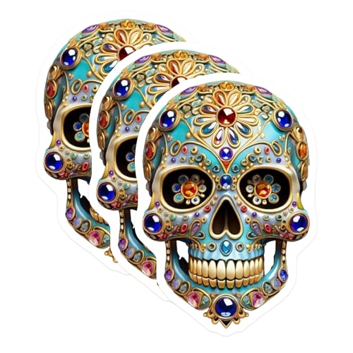 (3 Pack) Sugar Skull Decals - Day of Dead - Ornate Skull Decals - 3 Inches On Longest Side - Easy Peel & Apply - Made in USA - 3MCS7365