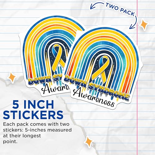 (2 Pack) Down Syndrome Awareness Stickers - Rainbow Decal - Yellow and Blue Ribbon Design - 5" On Longest Side - Sticks to Smooth Flat Surfaces - Made in USA - BMCS8205