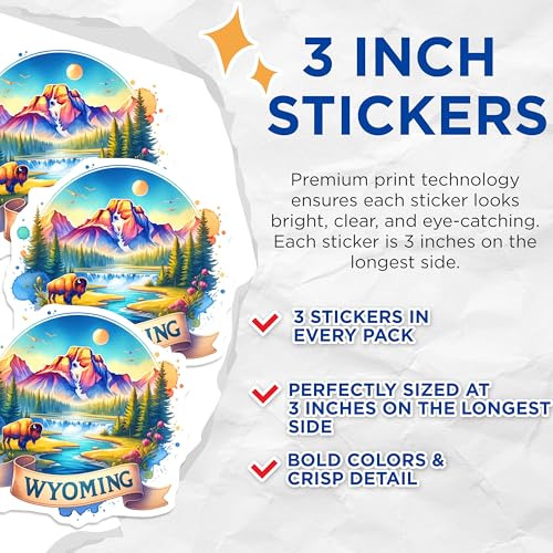 (3 Pack) Wyoming Decals - Laptop Decal - State Pride Decal- 3 Inches On Longest Side - Easy Peel & Apply - Made in USA - 3MCS5407