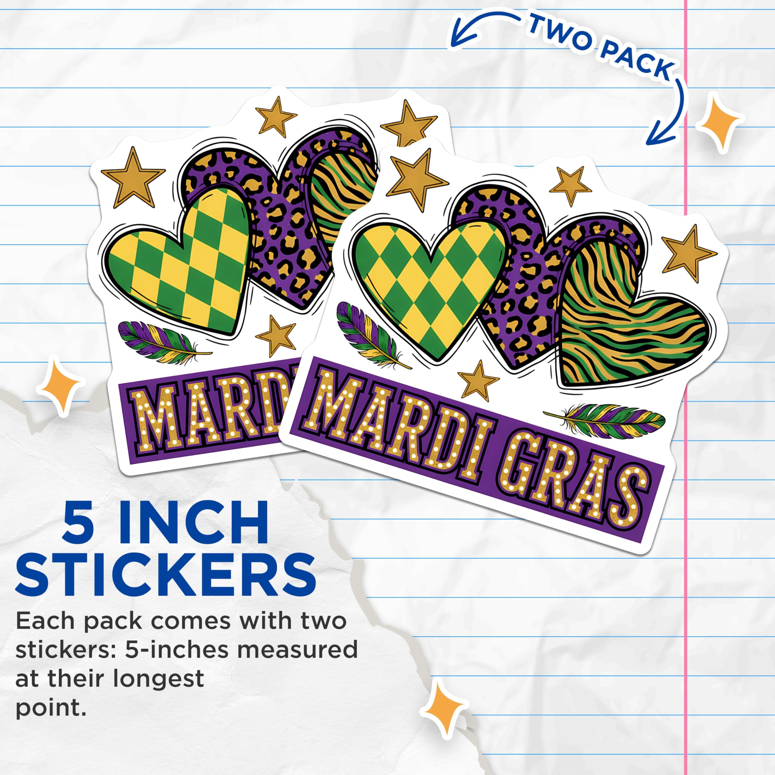 (2 Pack) Mardi Gras Stickers - Hearts Stars Feathers - Celebration Stickers - 5" On Longest Side - Sticks to Smooth Flat Surfaces - Made in USA - BMCS14023
