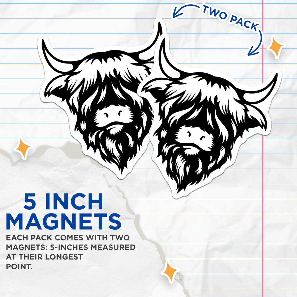 (2 Pack) Highland Cow Magnets - Scottish Hairy Coo Decor - Rustic Farm Animal Kitchen Refrigerator Accent - 5 Inches On Longest Side - Thick Durable Magnet - Made in USA - MAG19363