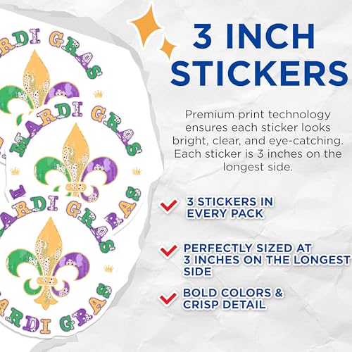 (3 Pack) Mardi Gras Decals - Fleur De Lis Stickers - Laptop Car Decal- 3 Inches On Longest Side - Easy Peel & Apply - Made in USA - 3MCS5144