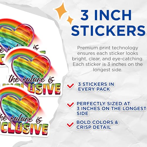 (3 Pack) Inclusive Future Decals - Rainbow Heart Decal - Pride Equality Stickers - 3 Inches On Longest Side - Easy Peel & Apply - Made in USA - 3MCS7945