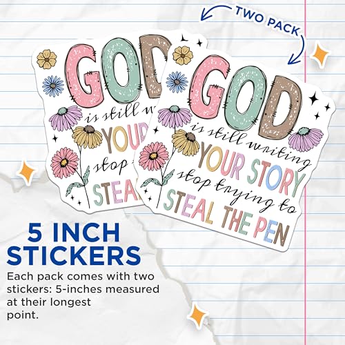 (2 Pack) God is Still Writing Your Story Stickers - Inspirational Quote - Faith-Based Motivation - 5" On Longest Side - Sticks to Smooth Flat Surfaces - Made in USA - BMCS5746
