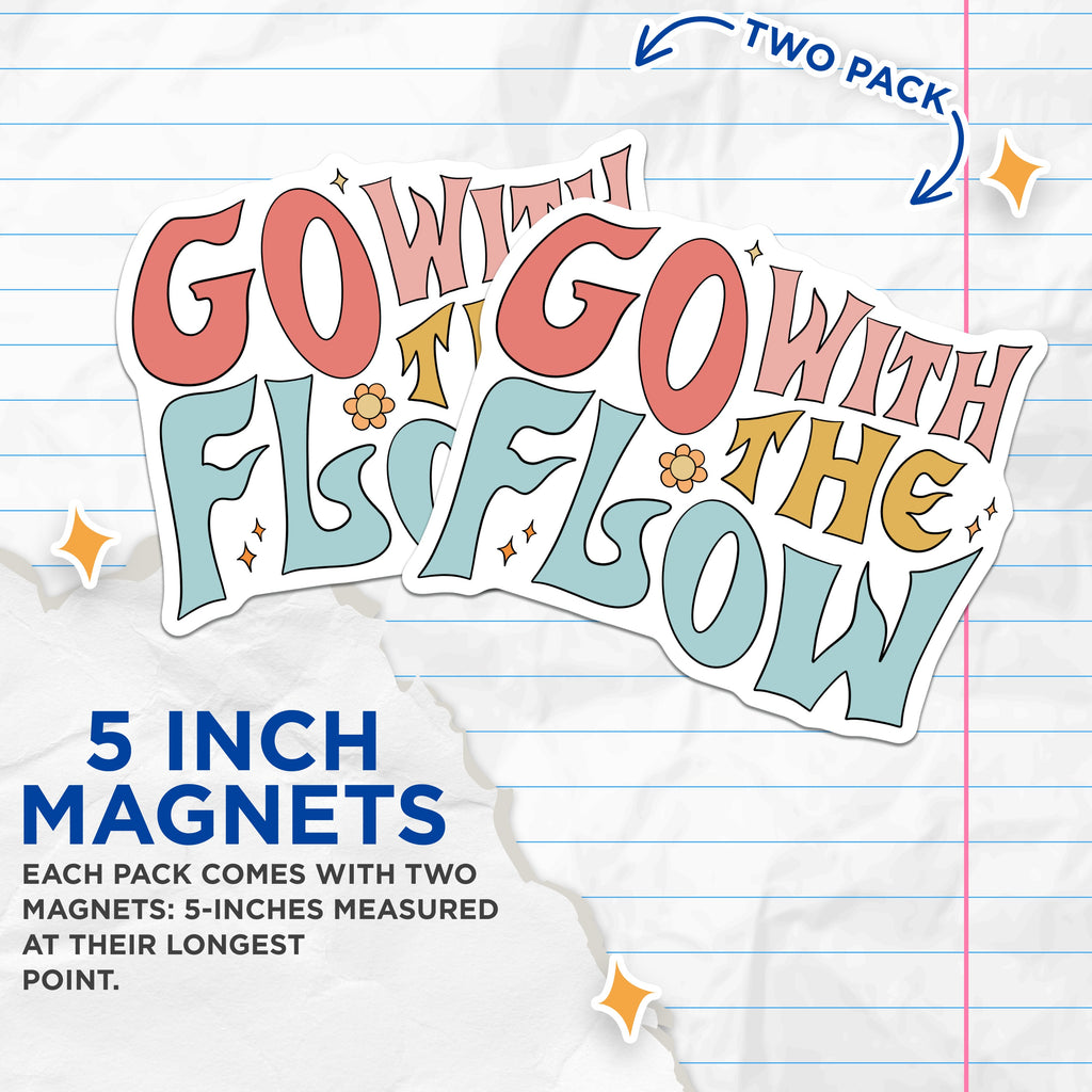 (2 Pack) Go with The Flow Magnets - Retro Affirmation Decor - Groovy Boho Fridge Locker Accessories - 5 Inches On Longest Side - Thick Durable Magnet - Made in USA - MAG37317