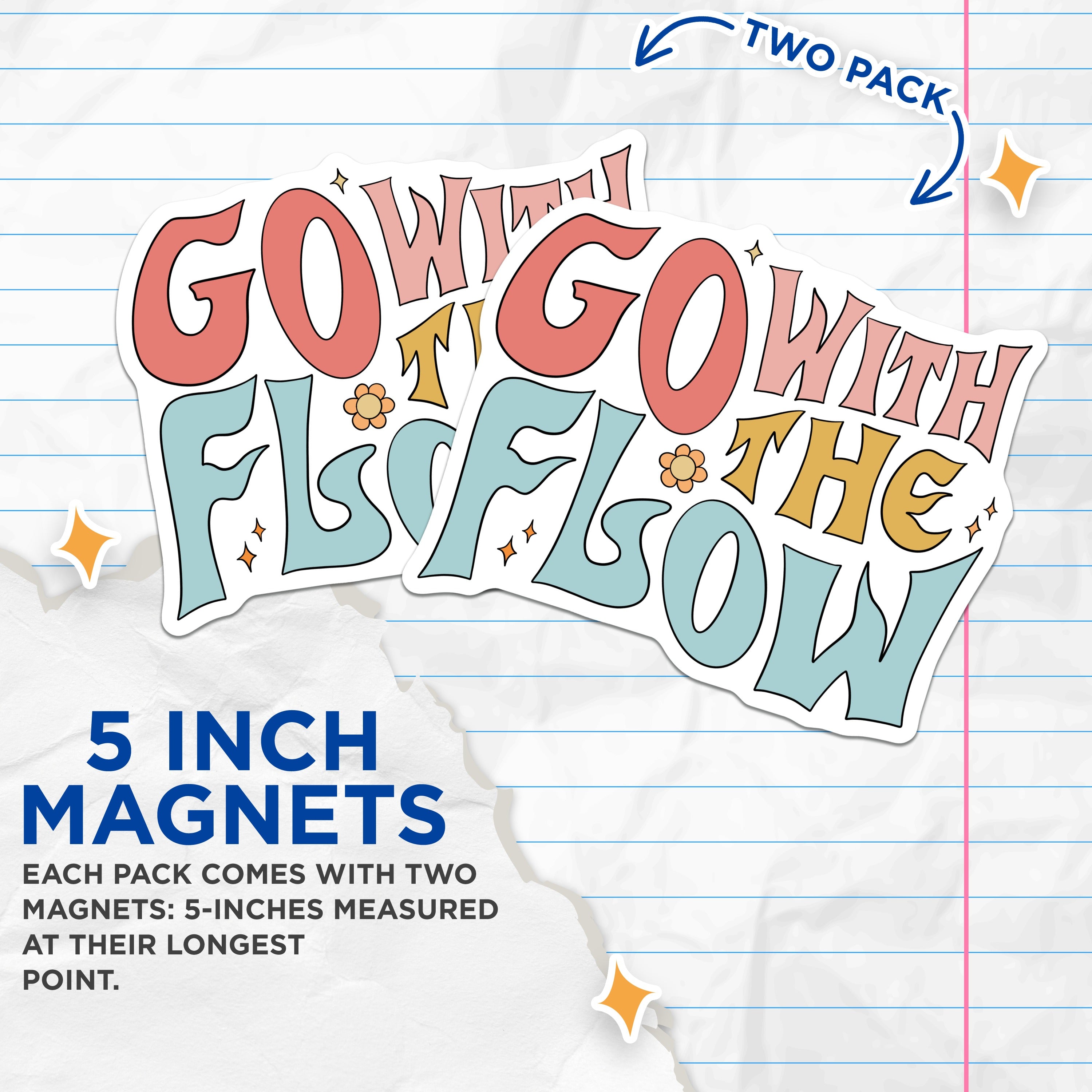 (2 Pack) Go with The Flow Magnets - Retro Affirmation Decor - Groovy Boho Fridge Locker Accessories - 5 Inches On Longest Side - Thick Durable Magnet - Made in USA - MAG37317