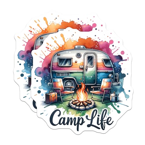 (2 Pack) Camp Life Stickers - Camper Van Stickers - Camping Trip Stickers - 5" On Longest Side - Sticks to Smooth Flat Surfaces - Made in USA - BMCS7038