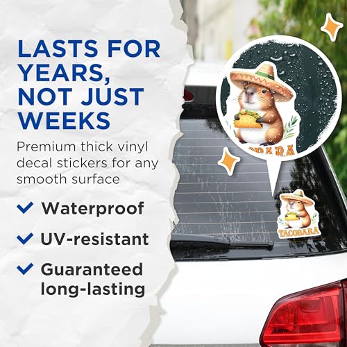 (2 Pack) Funny Capybara Stickers - Cute Animal Stickers - Taco Lover Stickers - 5" On Longest Side - Sticks to Any Smooth Flat Surface - Made in USA - BMCS3258