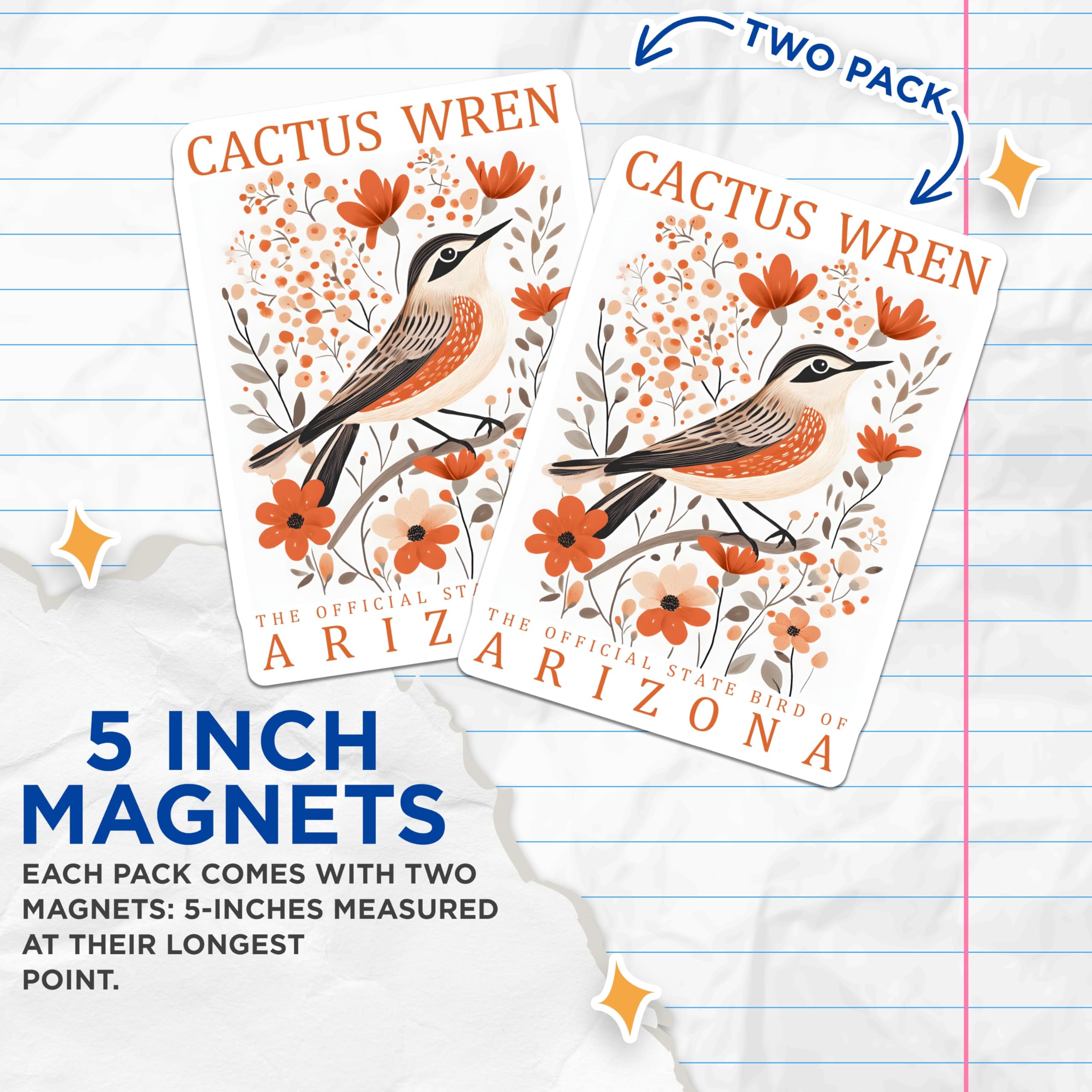 (2 Pack) Cactus Wren Magnets - Arizona State Bird - Floral Bird Lover Magnets - 5" On Longest Side - Premium Magnet - for Cars, Refrigerators, Toolboxes, Lockers - Made in USA - MAG18781