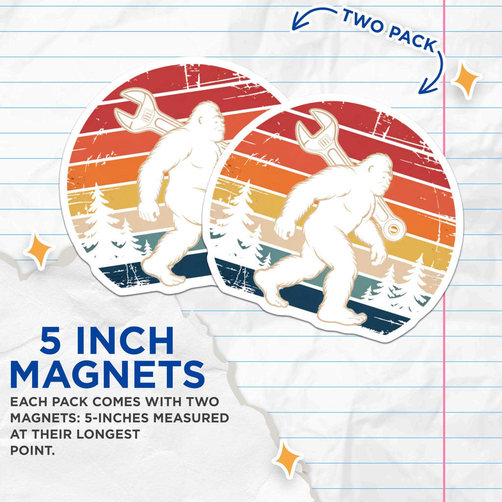 (2 Pack) Bigfoot Mechanic Magnets - Sasquatch Wrench Retro Sunset Forest Pines - Funny Cryptid Garage Decor - 5 Inches On Longest Side - Thick Durable Magnet - Made in USA - MAG20416