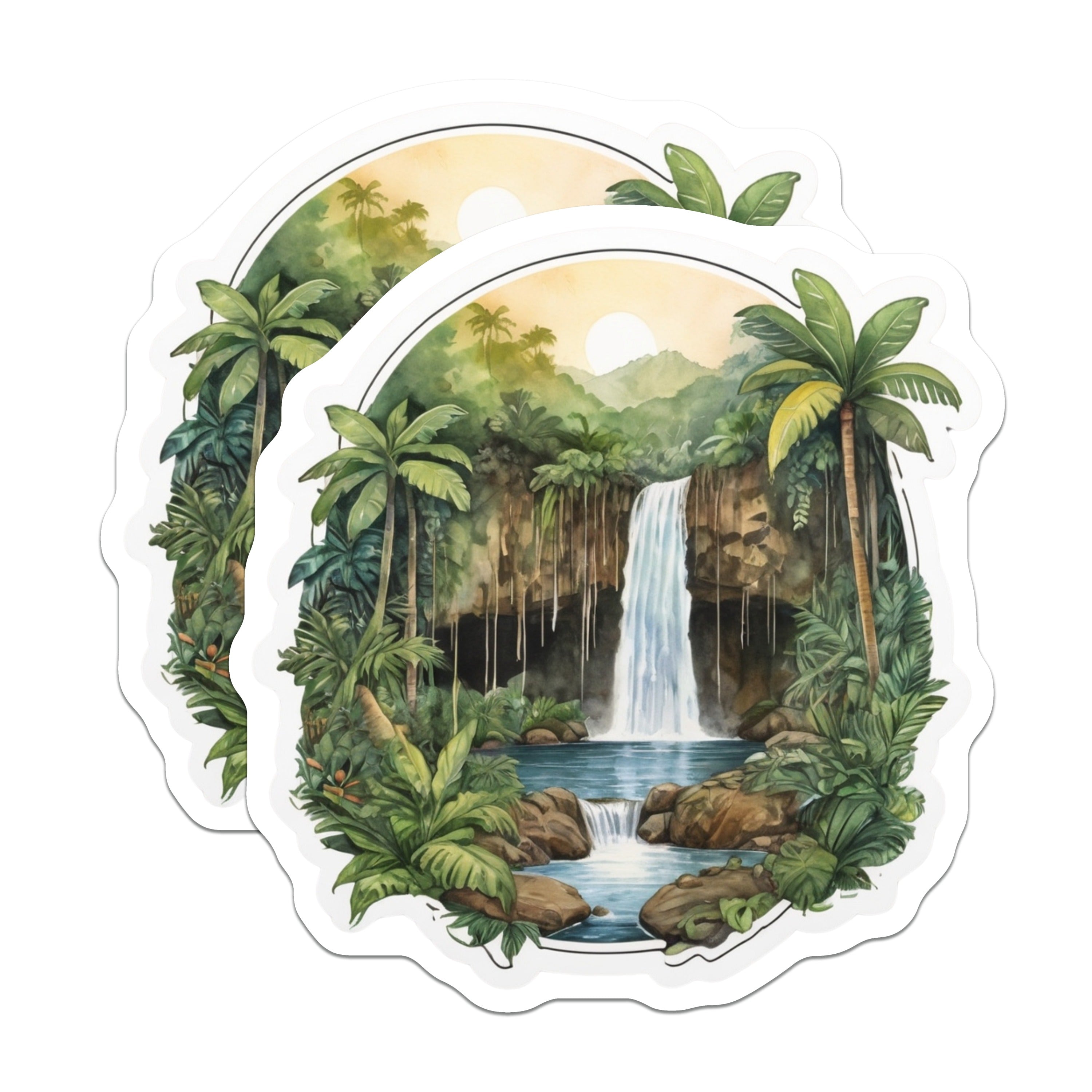 (2 Pack) Tropical Waterfall Magnets - Jungle Landscape Decor - Watercolor Nature Art - 5 Inches On Longest Side - Thick Durable Magnet - Made in USA - MAG38563