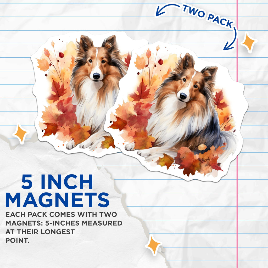 (2 Pack) Sheltie Magnets - Autumn Dog Decor - Watercolor Fall Pet Lover Art - 5 Inches On Longest Side - Thick Durable Magnet - Made in USA - MAG23471