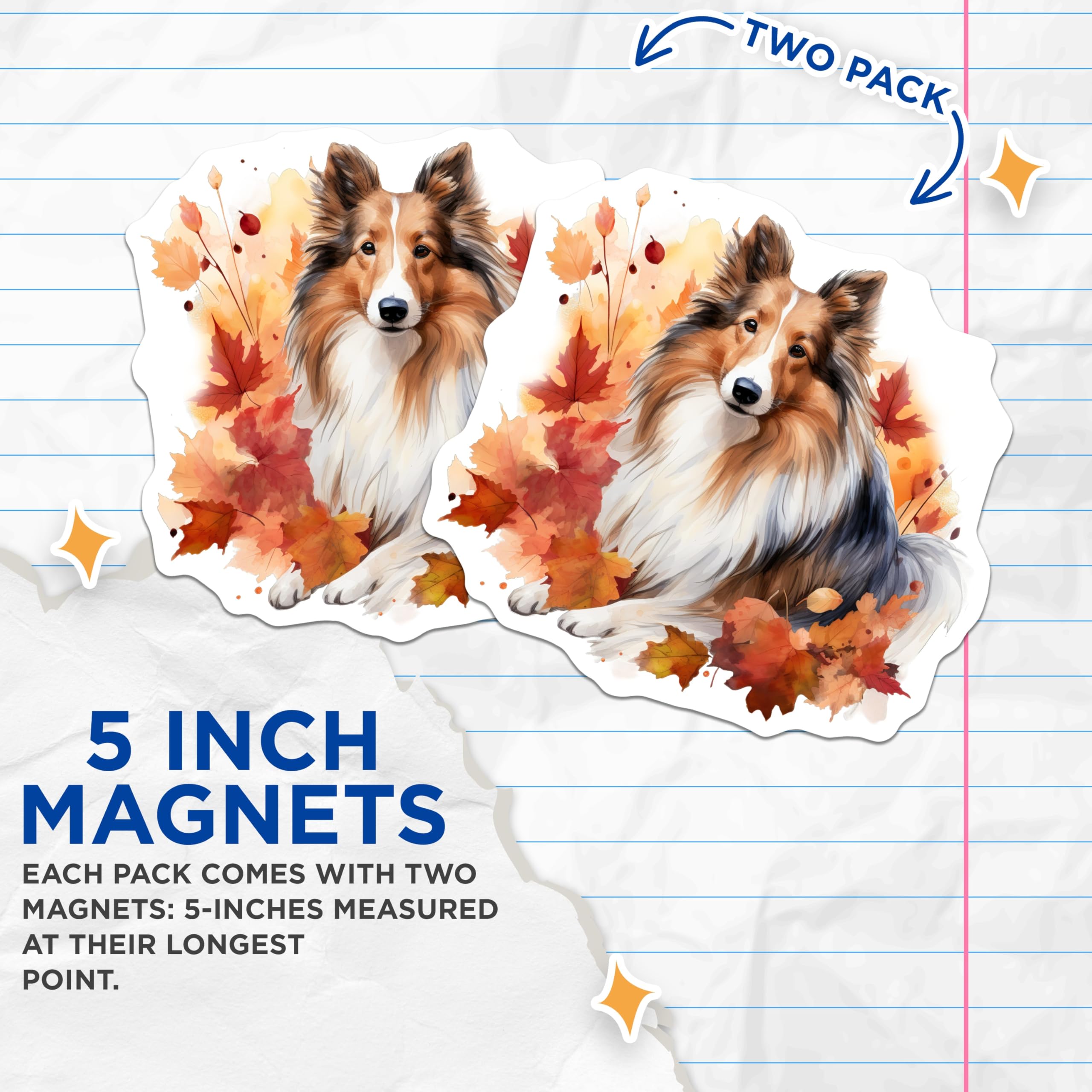 (2 Pack) Sheltie Magnets - Autumn Dog Decor - Watercolor Fall Pet Lover Art - 5 Inches On Longest Side - Thick Durable Magnet - Made in USA - MAG23471