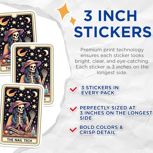 (3 Pack) Nail Tech Tarot Decals - Spooky Salon - Beauty Skeleton - 3 Inches On Longest Side - Easy Peel & Apply - Made in USA - 3MCS4233