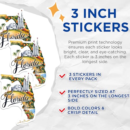 (3 Pack) Florida Decals - Florida Space Coast - Kennedy Space Center Decals- 3 Inches On Longest Side - Easy Peel & Apply - Made in USA - 3MCS5064