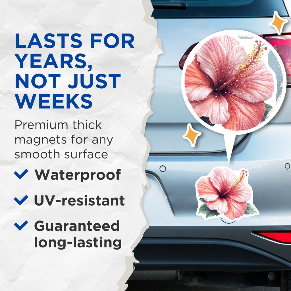 (2 Pack) Pink Hibiscus Flower Magnets - Tropical Floral Decor - Summer Beach Vibe for Fridge Locker - 5 Inches On Longest Side - Thick Durable Magnet - Made in USA - MAG26710