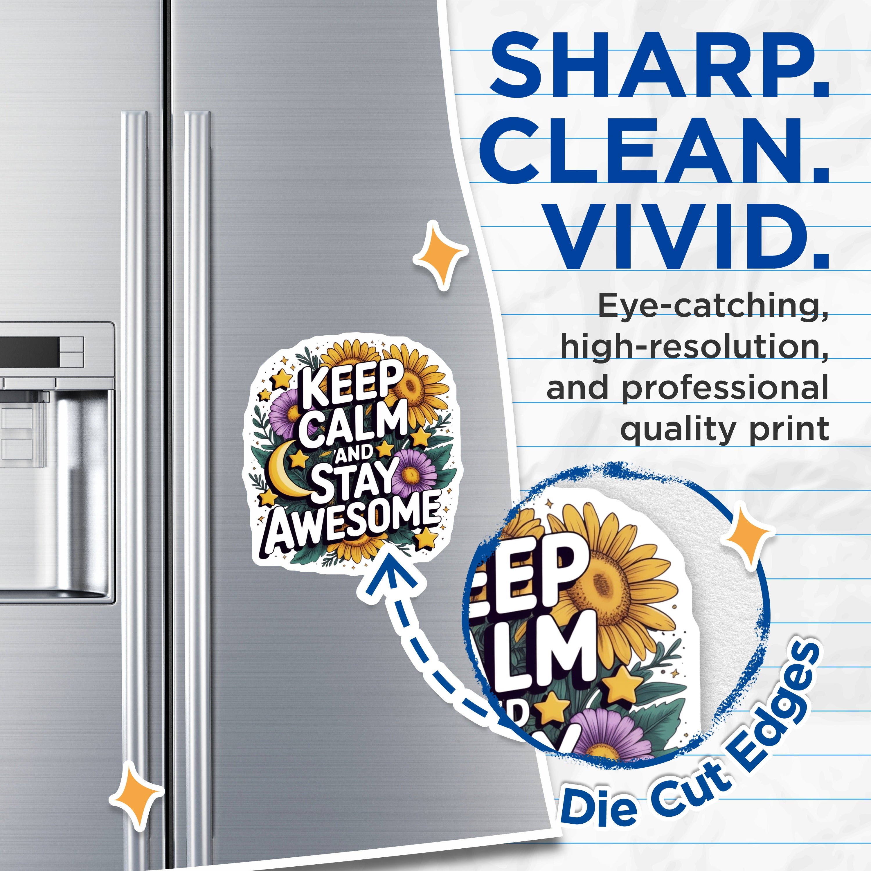 (2 Pack) Keep Calm Stay Awesome Magnets - Sunflower Floral Decor - Uplifting Locker Fridge Accent - 5 Inches On Longest Side - Thick Durable Magnet - Made in USA - MAG36850