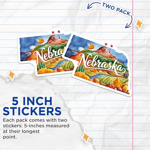 (2 Pack) Nebraska State Stickers - Nature Travel Souvenir - Watercolor Home State - 5" On Longest Side - Sticks to Smooth Flat Surfaces - Made in USA - BMCS6296