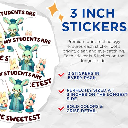 (3 Pack) Sweet Students Decals - Teacher Appreciation - Bunny Rabbit Stickers - 3 Inches On Longest Side - Easy Peel & Apply - Made in USA - 3MCS6907